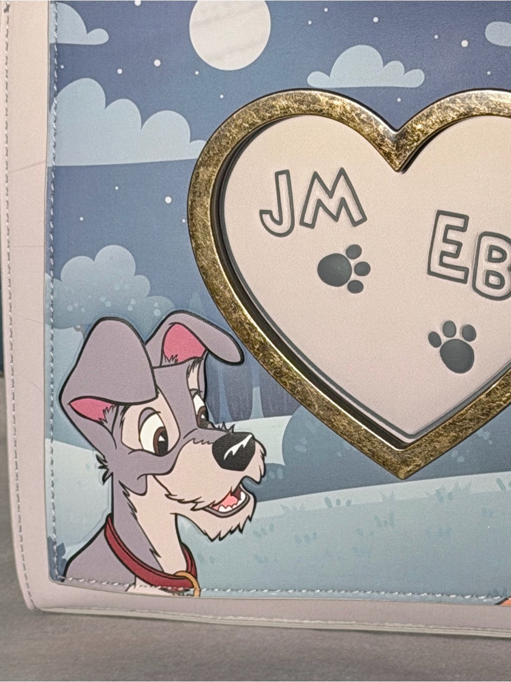 LOUNGEFLY DISNEY LADY AND THE TRAMP CROSSBODY PURSE HEARTS WET CEMENT PAW - Picture 4 of 11